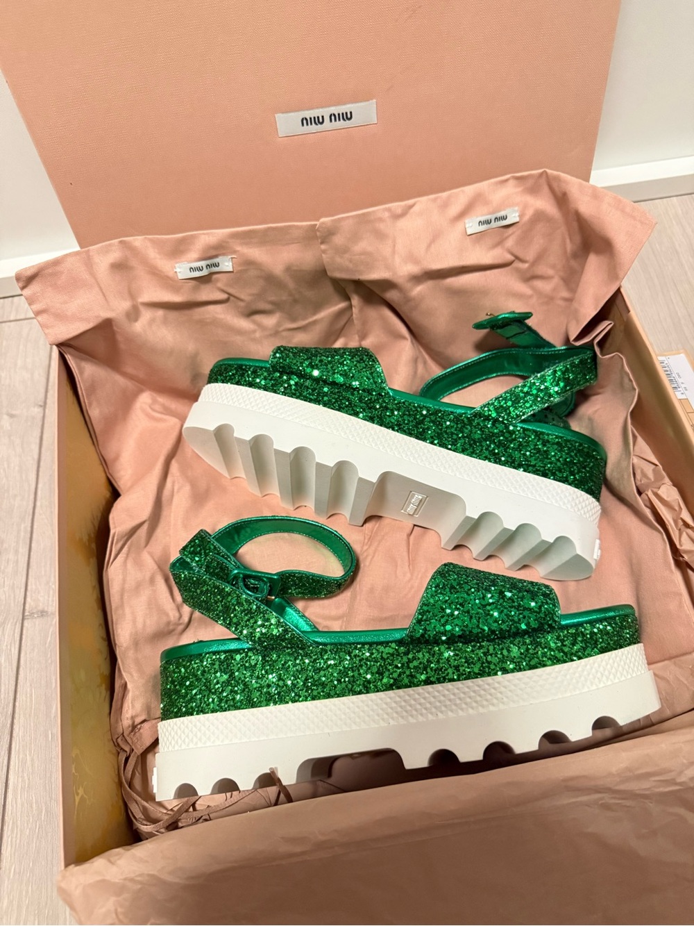 Miu Miu Emerald Green Glitter Platform Sandals - Picture 2 of 6